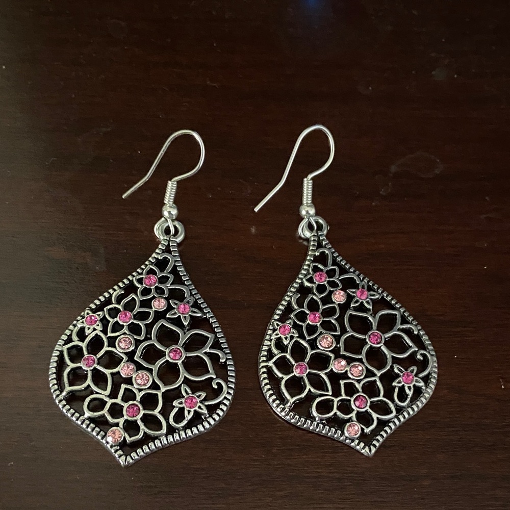 Elegant Silver and Pink Floral Earrings